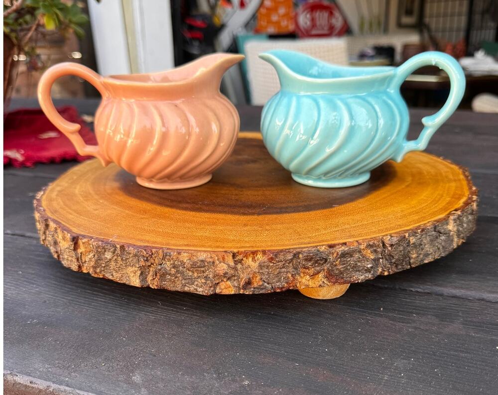 Vtg Pair of Franciscan Coronado Creamer Pitchers - Coral & Turquoise